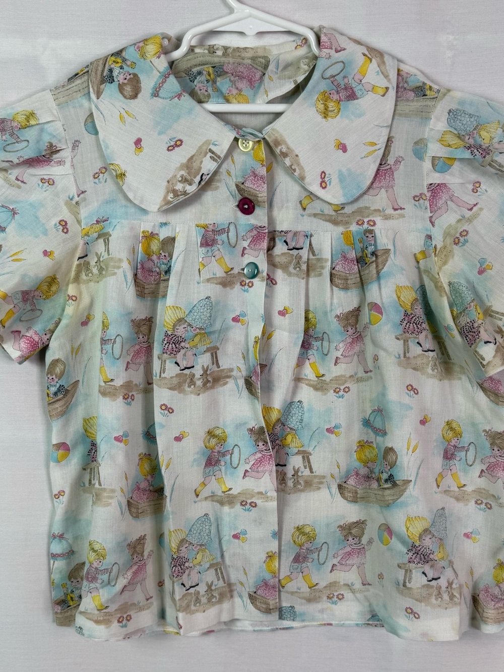 Vintage White Playful Graphic Print Button-Up Top Peter Pan Collar Med